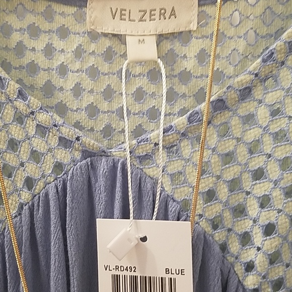 VELZERA Mixed Fabric Boho Babydoll Tunic Mini Dress Blue Medium NWT - Picture 11 of 12